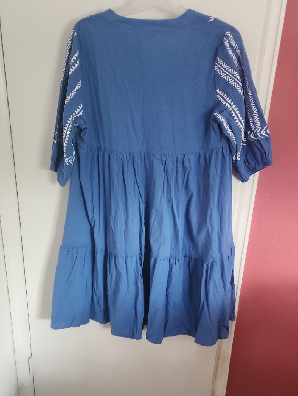 BloomChic Blue Dress with White Geometric Embroidery - Picture 3 of 4